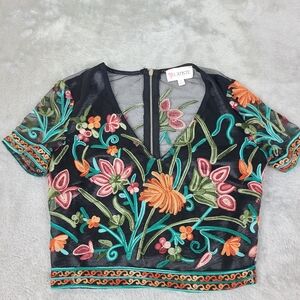 L'ATISTE Black‎ Mesh Blouse with Multicolor Floral Design